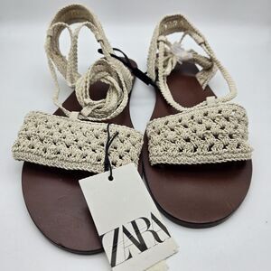 Zara Women's Tan Woven Jute Ankle Tie Sandals Size 10 NWT Hippie Fairy Cottage